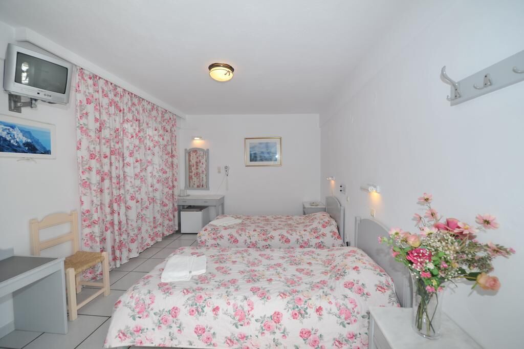 A bedroom with two beds, a desk, a chair, a TV, and a vase of flowers.
