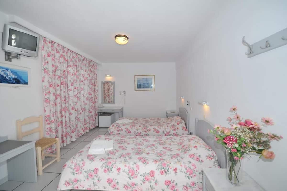 Quarto com duas camas, uma escrivaninha, uma cadeira, uma televisão e uma estante fixada na parede.