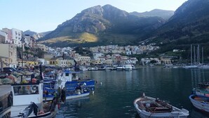 Un puerto con barcos, una ciudad y montañas al fondo.