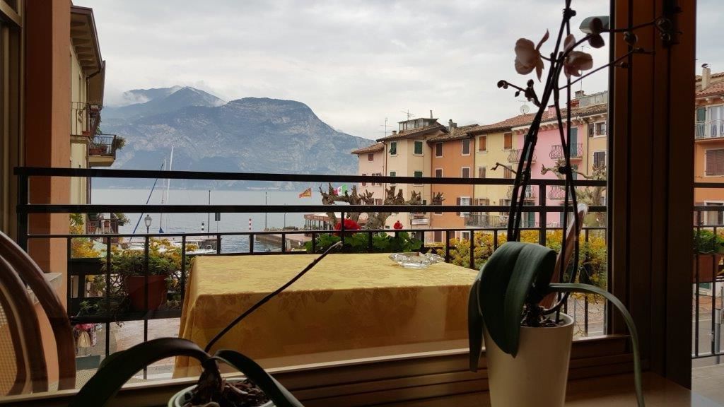A balcony with a table, potted plants, and a view of a mountain and buildings.