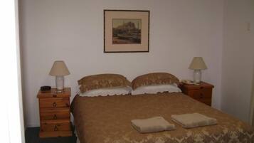 A bedroom with a bed, two nightstands, a lamp on each, a framed picture on the wall, and a carpeted floor.