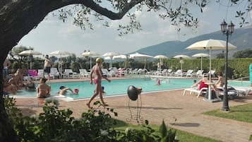 Seasonal outdoor pool, open 10:00 AM to 7:00 PM, pool umbrellas