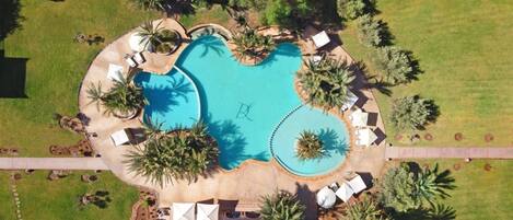 Outdoor pool, pool umbrellas, pool loungers