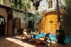 Indoor pool, outdoor pool, pool loungers