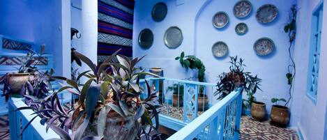 A blue-walled room with a staircase, potted plants, and decorative plates on the walls.