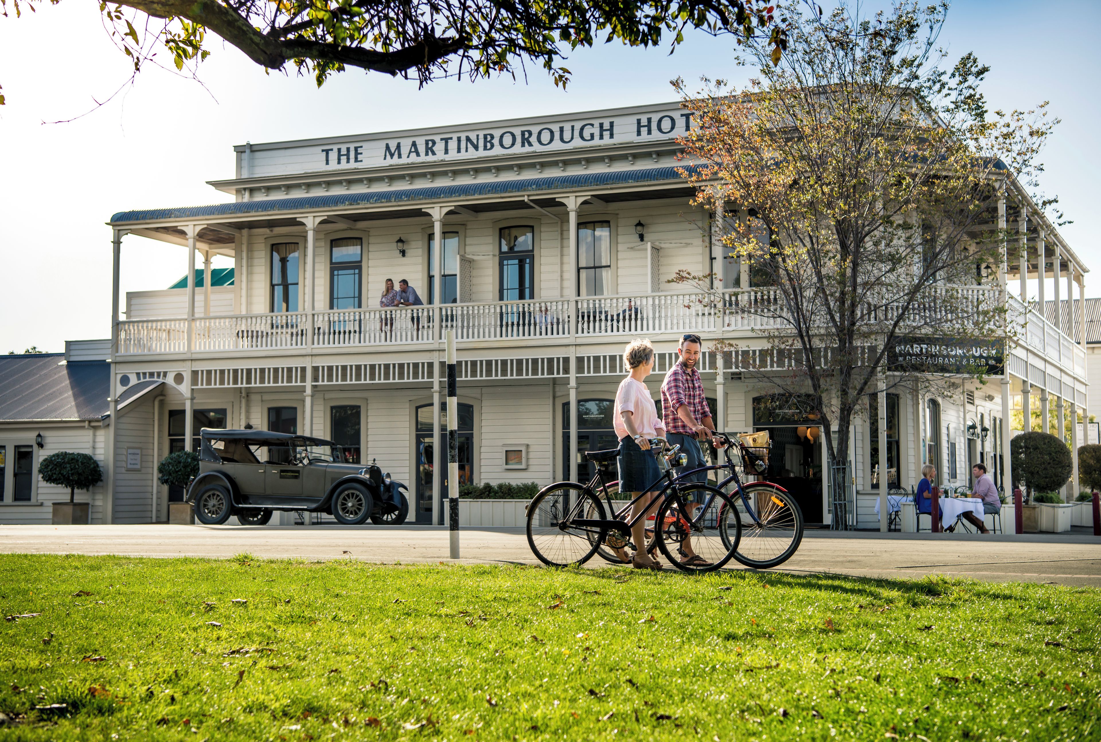 A historic building with a sign reading 'The Martinborough Hotel.'
