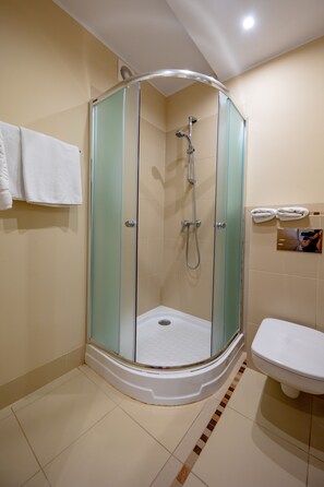 A glass-enclosed shower stall with a white toilet and a towel rack. - Hotel 500 (Tarnowo Podgorne)