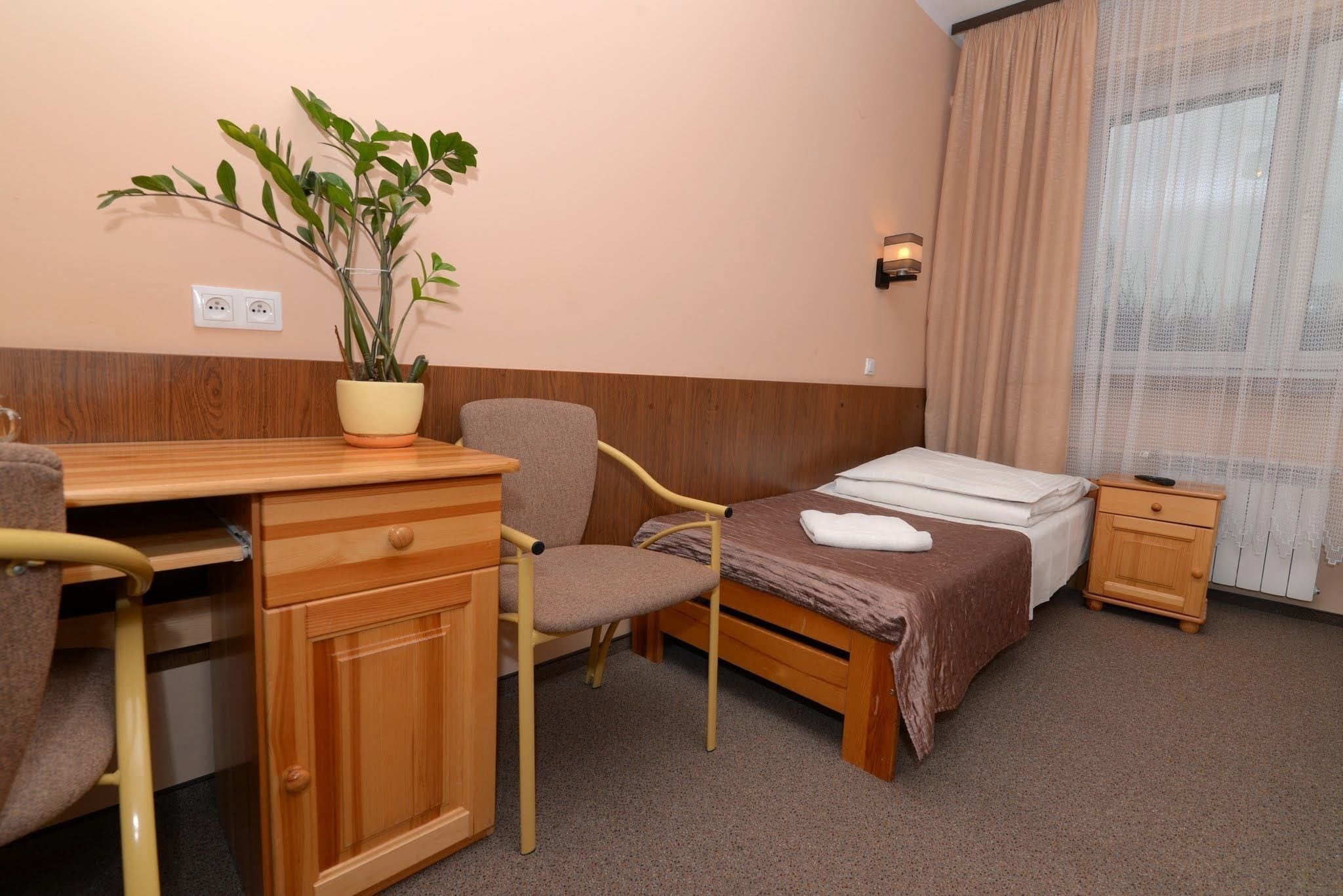 A hotel room with a wooden desk, a chair, a bed with a brown bedspread, a nightstand, a potted plant, and a window with curtains.