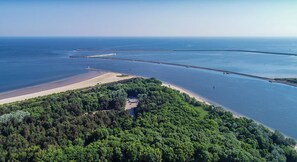 An aerial view of a coastal area with a beach, dense forest, and a long pier extending into the water. - Hotel Lazur (Swinoujscie)