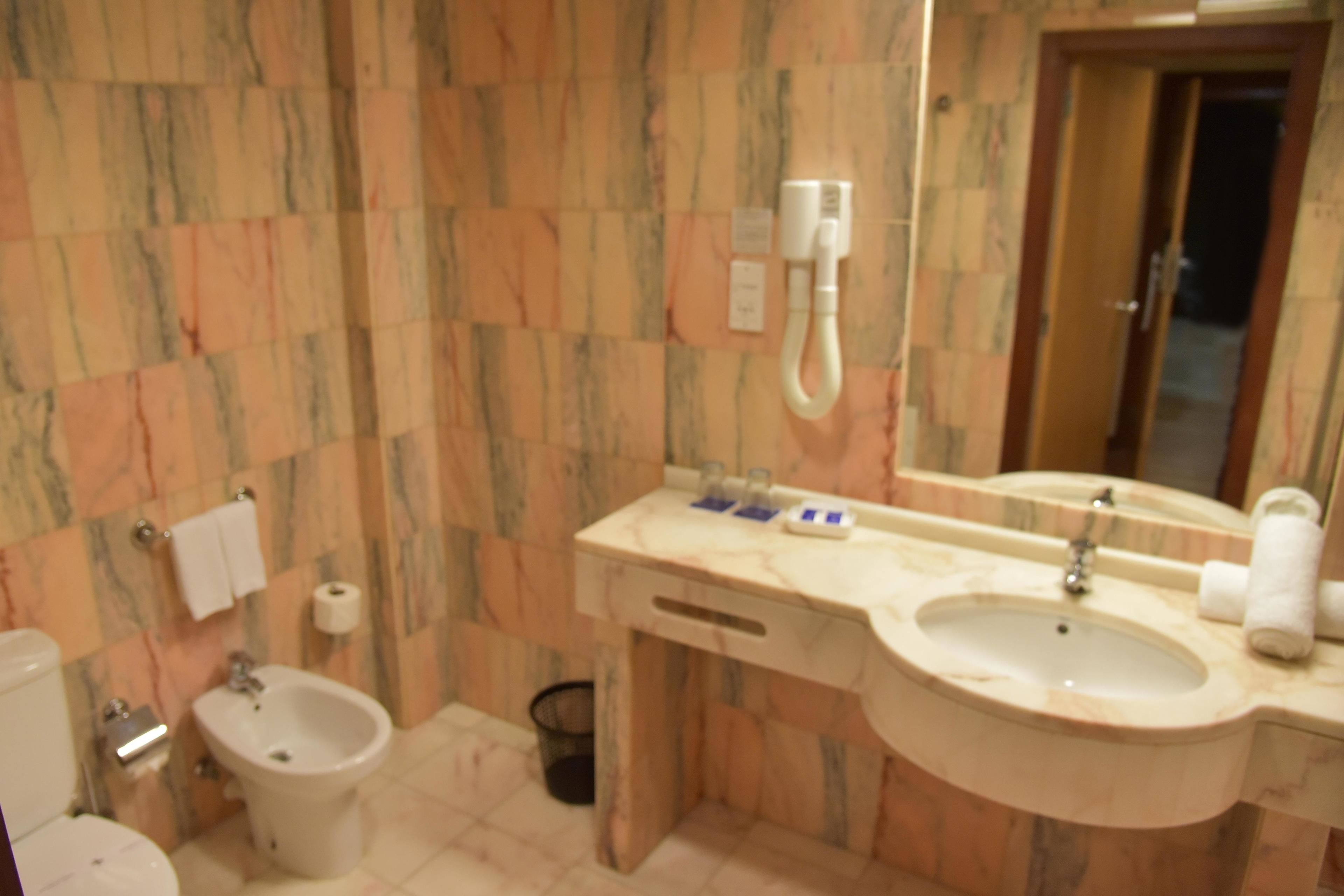 A bathroom with two sinks, a toilet, a bidet, and a mirror.