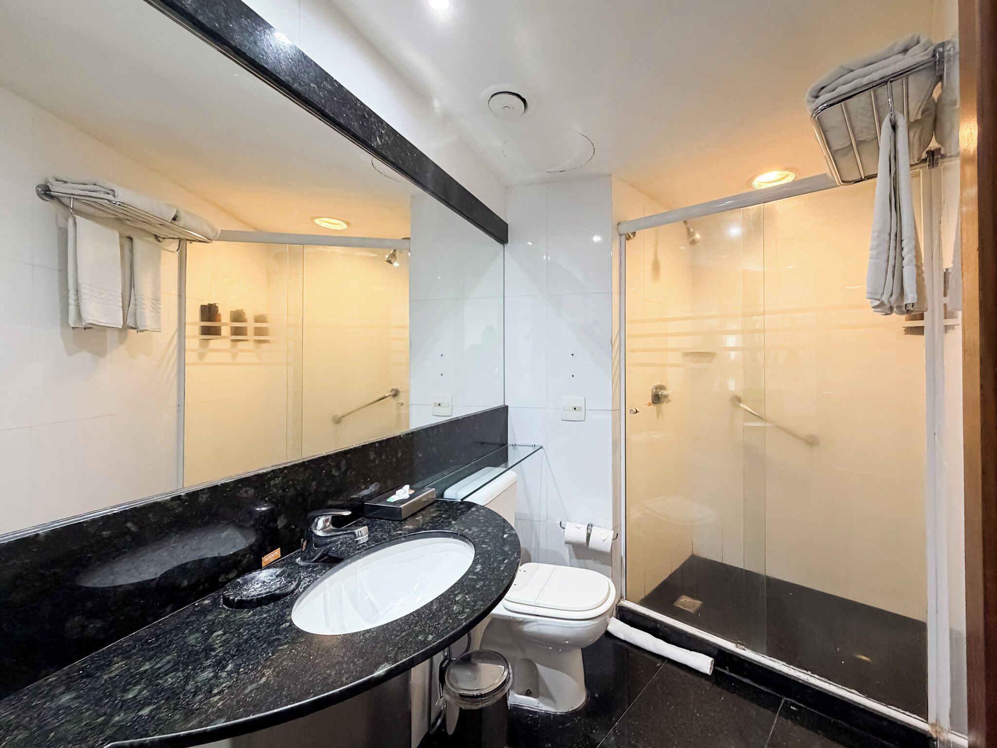 A modern bathroom with a black marble sink, white toilet, and a glass-enclosed shower.