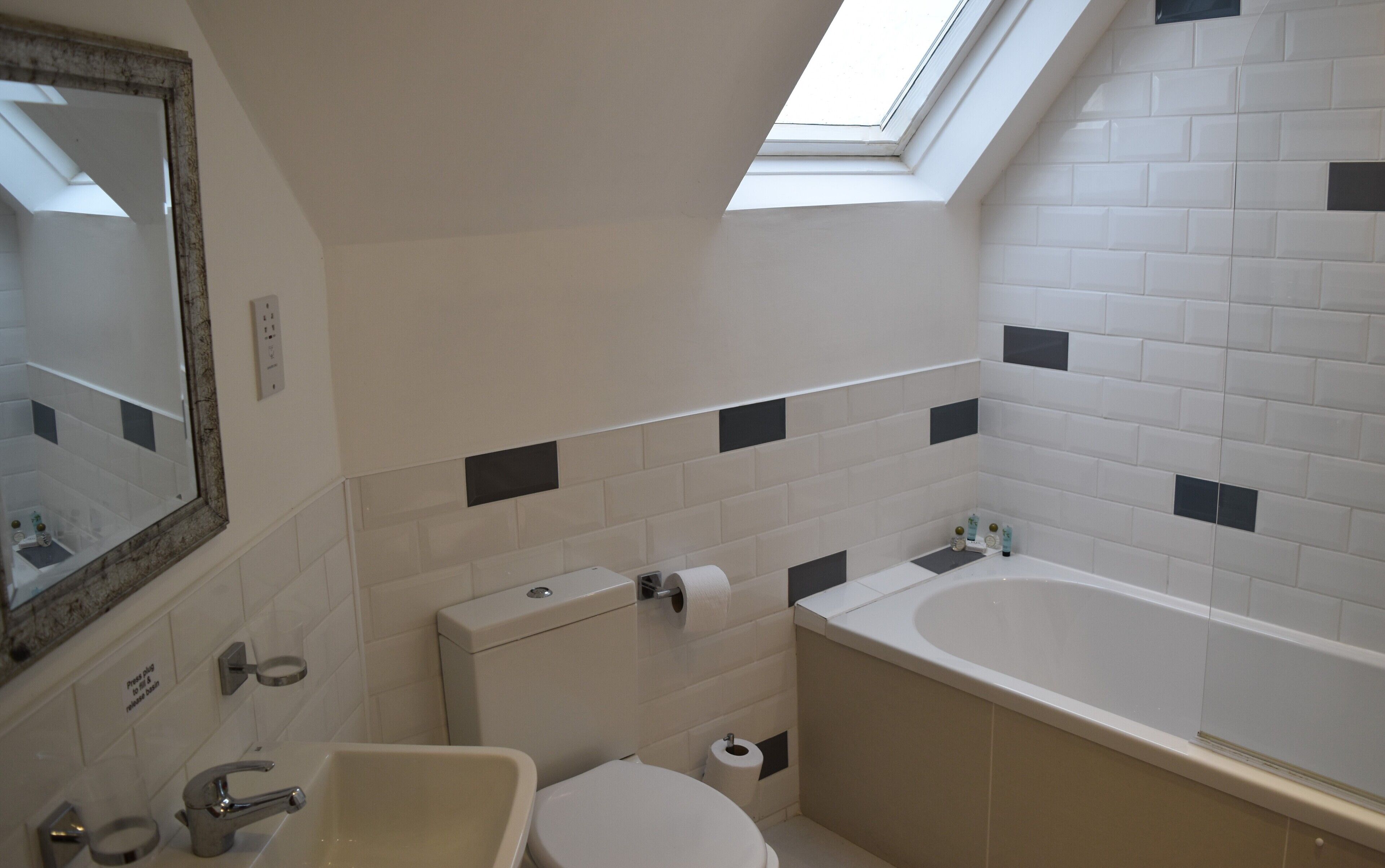 Une salle de bain avec un puits de lumière, des toilettes, un lavabo et une baignoire.