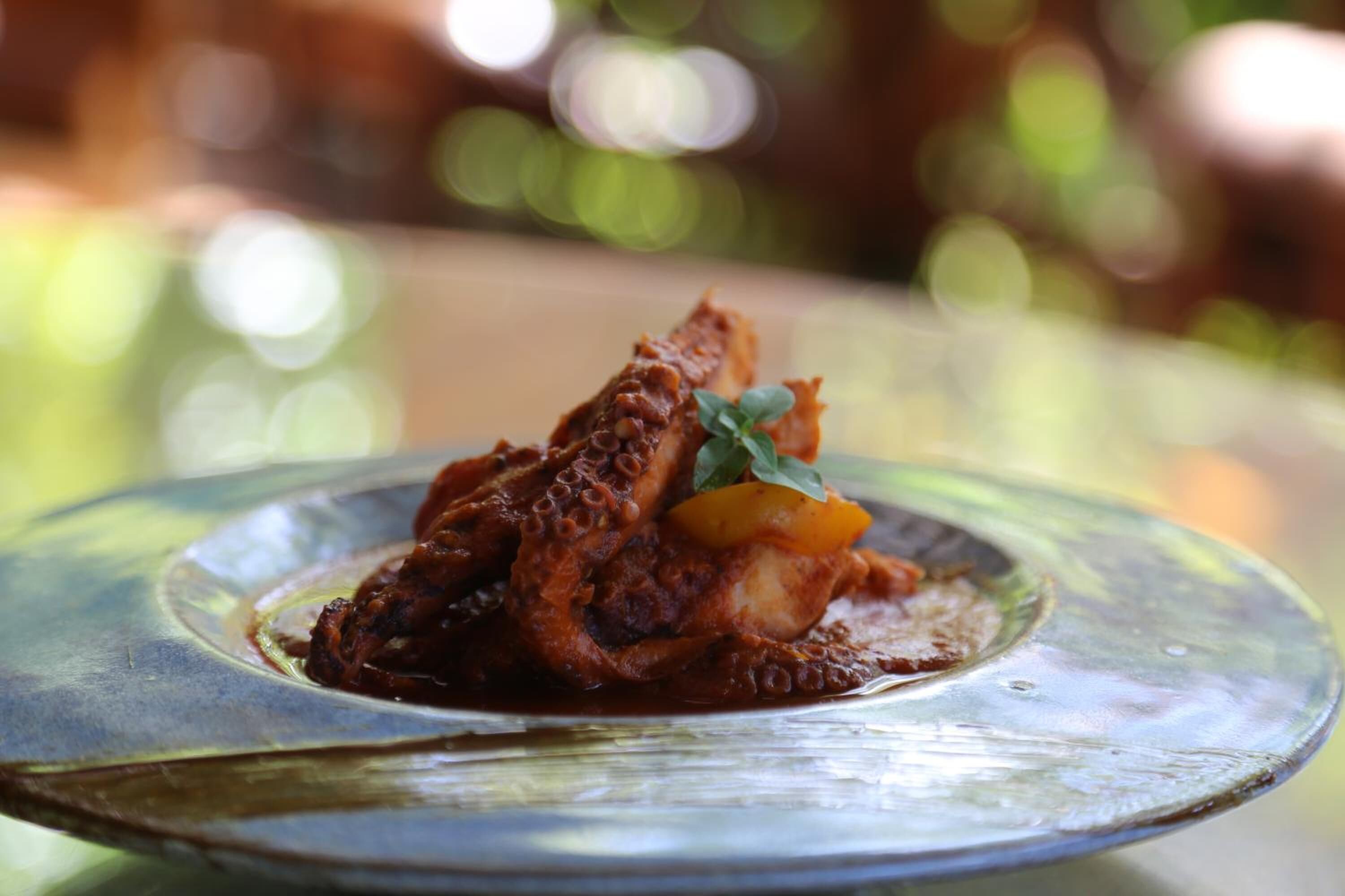 Un plato de pulpo sobre una fuente de cristal transparente con un fondo natural desenfocado.