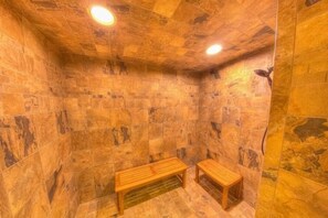 Steam room, body treatments, aromatherapy, hot stone massages