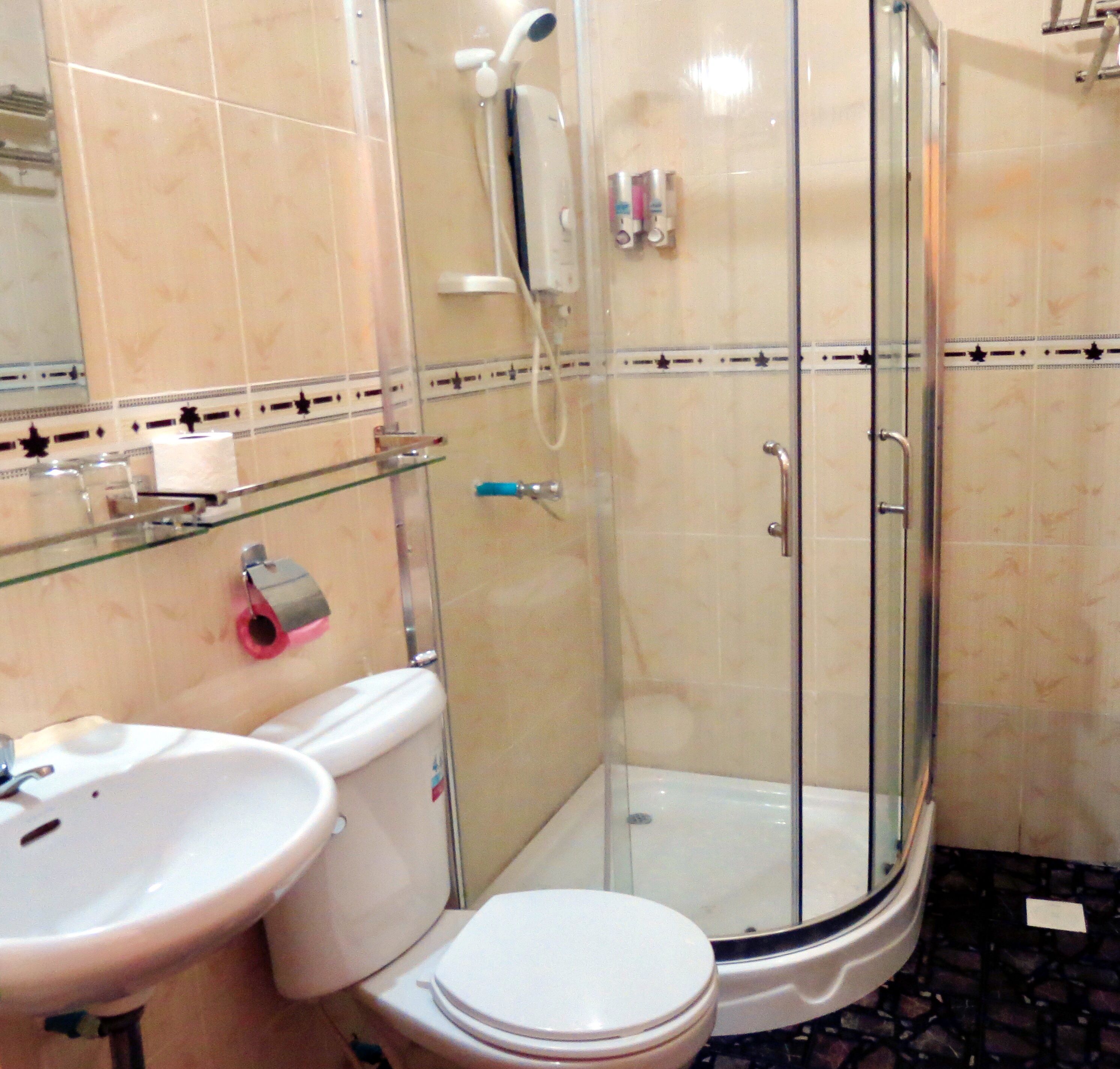 A bathroom with a glass-enclosed shower, a white sink, and a toilet.