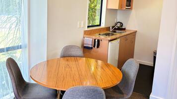 Fridge, microwave, electric kettle, toaster