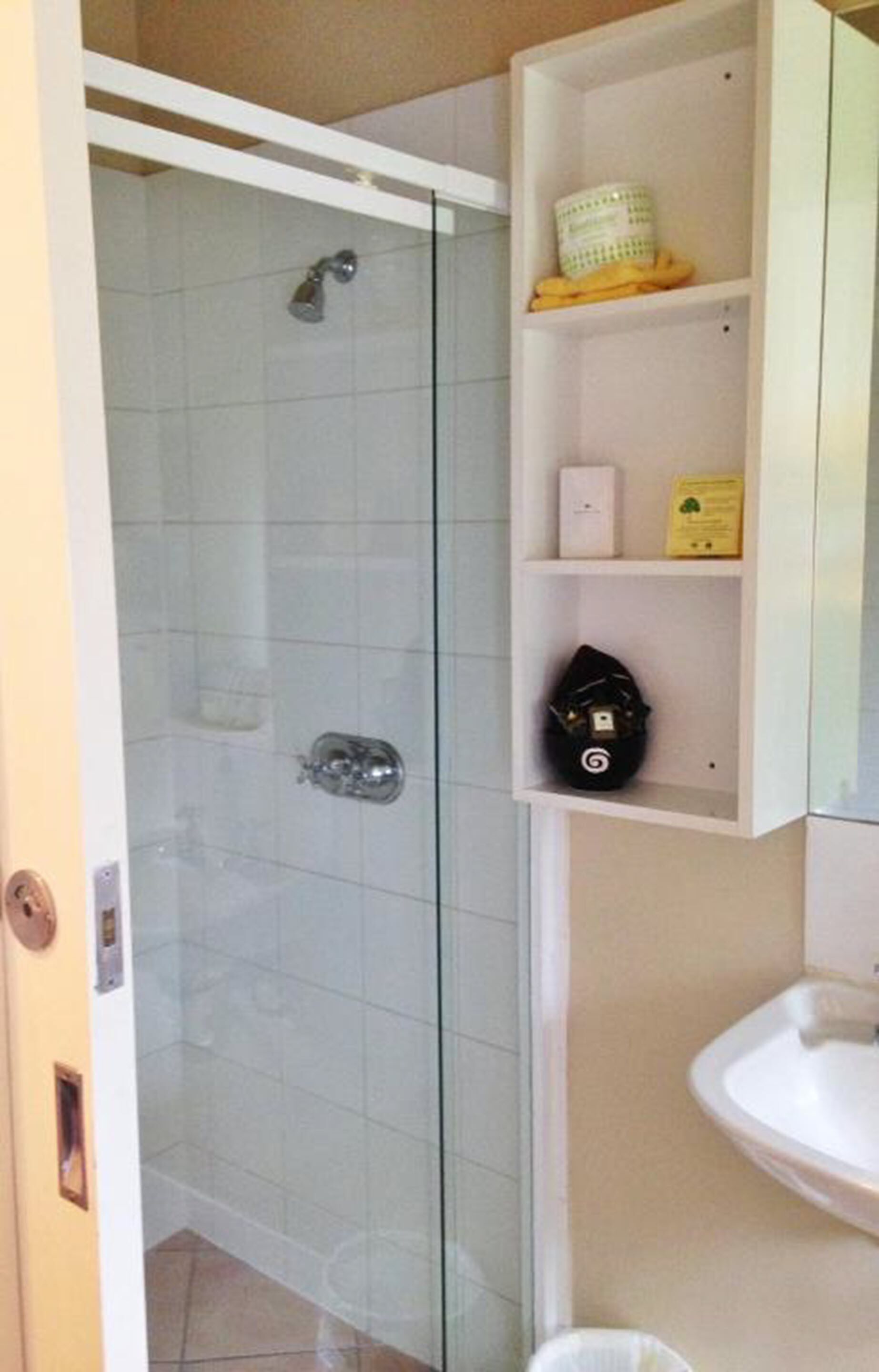 A bathroom with a glass-enclosed shower, a white sink, and a shelf with toiletries.
