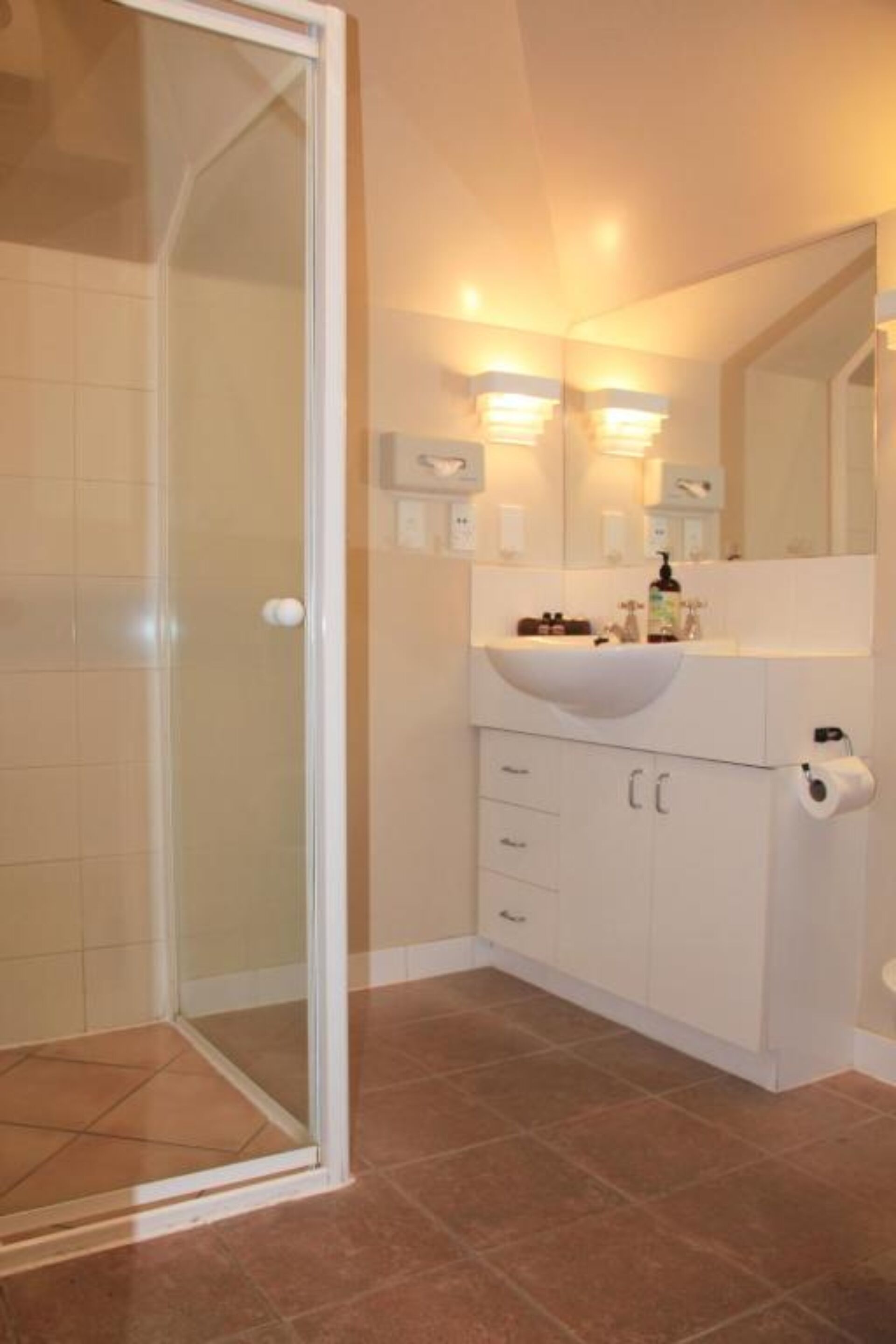A bathroom with a glass shower door, a white sink with a large mirror above it, and a toilet paper holder on the wall.