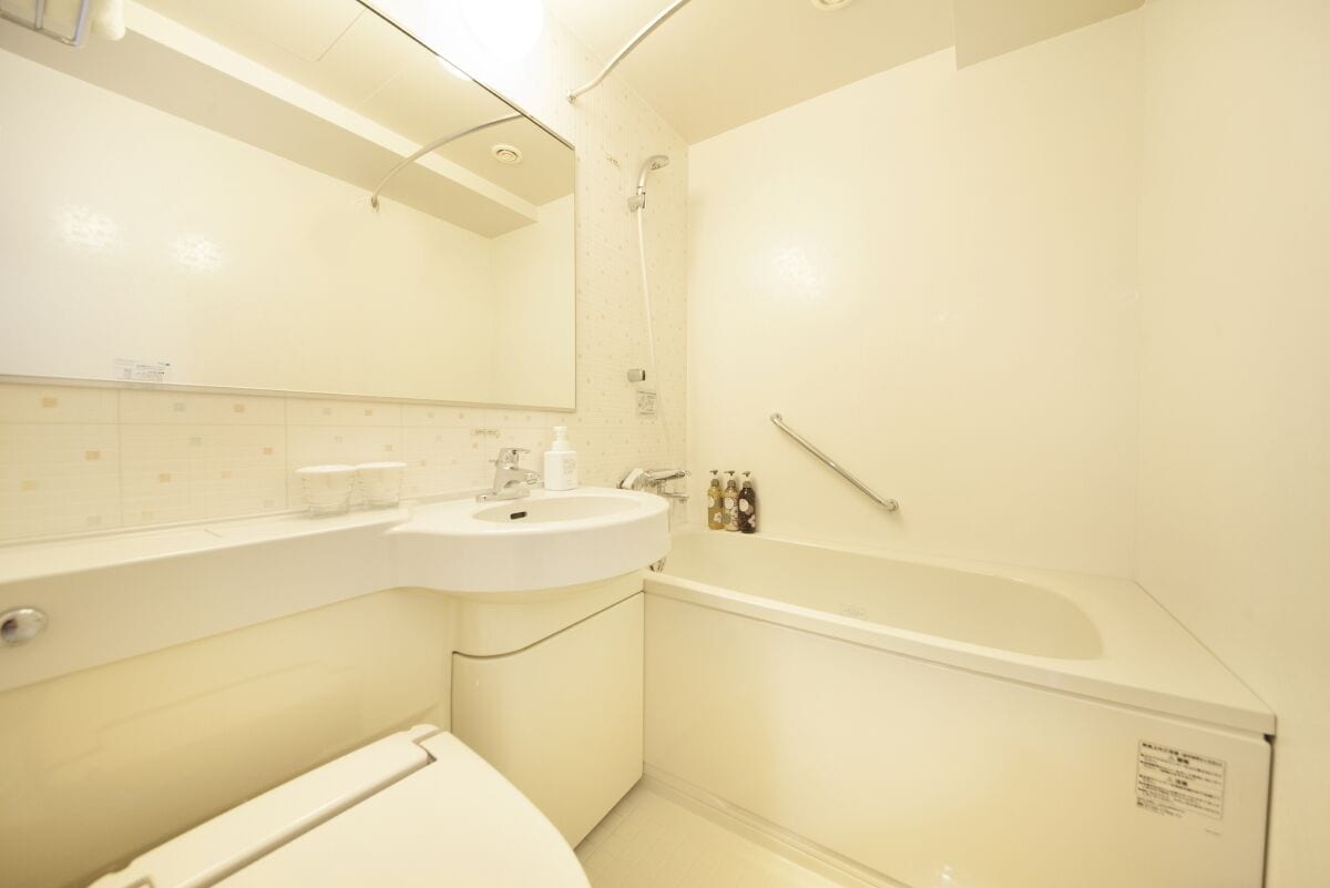 combined shower/bathtub, free toiletries, hair dryer, slippers