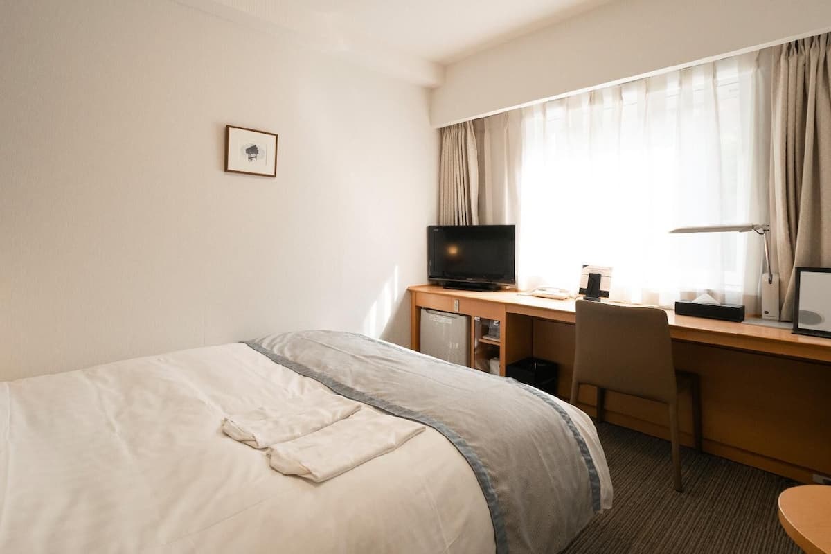 Habitación de hotel con cama, escritorio, televisión y un cuadro en la pared.