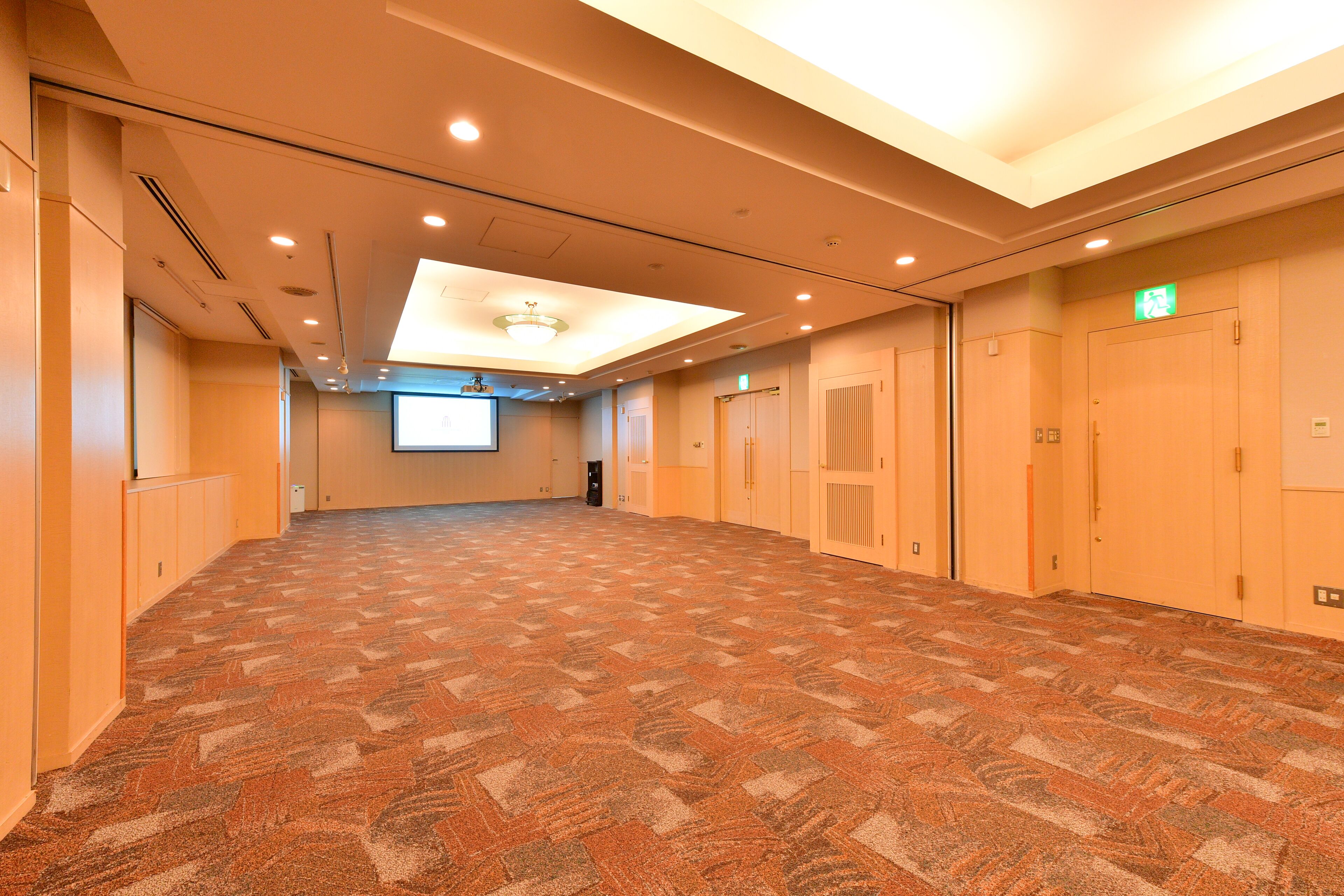 A spacious hotel room with a patterned carpet, a large ceiling light, and a projection screen on the wall.