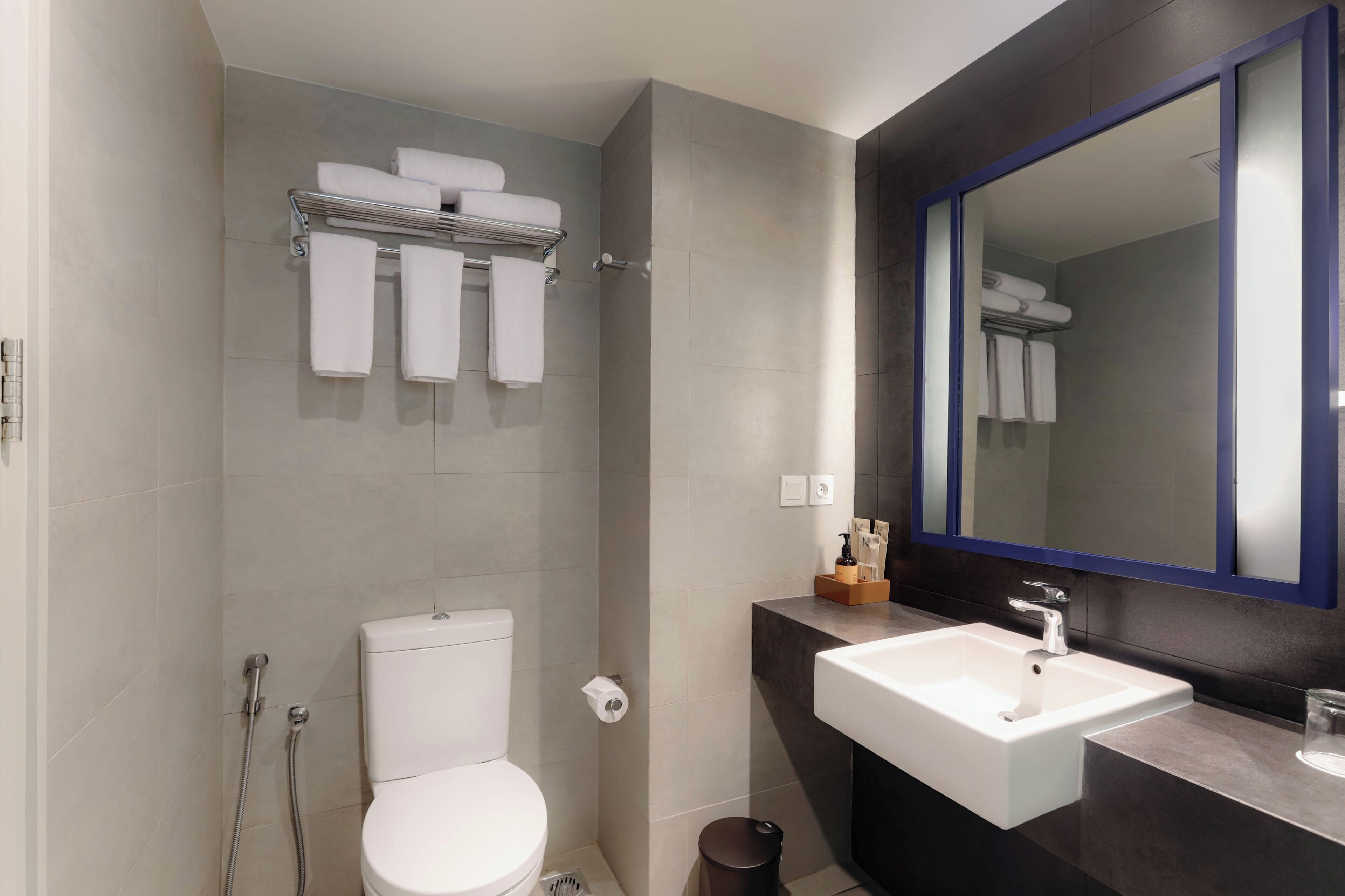Une salle de bain moderne équipée de toilettes, d’un lavabo et d’un porte-serviettes.