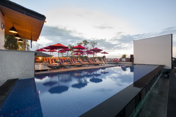Outdoor pool, pool umbrellas, pool loungers