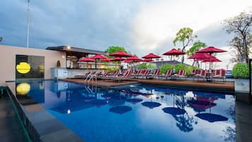 Outdoor pool, pool umbrellas, pool loungers