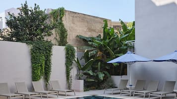 Seasonal outdoor pool, pool umbrellas, sun loungers