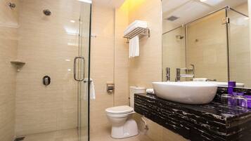 Shower, hydromassage showerhead, bidet, towels