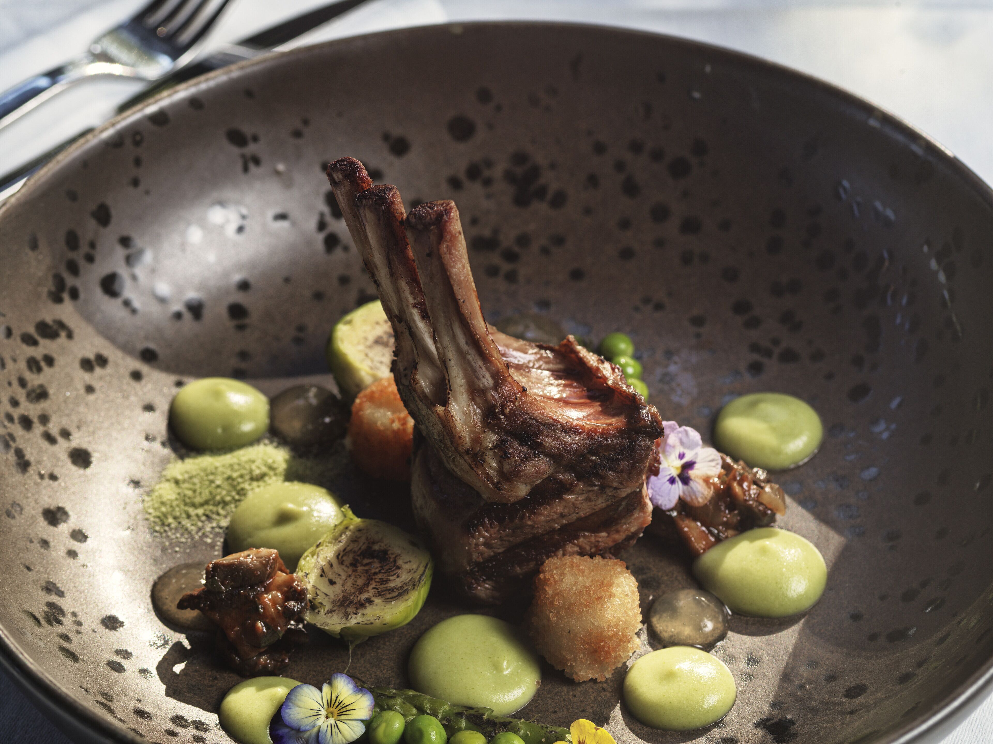 A dish with a lamb shank, green vegetables, and a flower garnish.