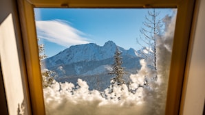 Une vue par la fenêtre sur des montagnes et des arbres couverts de neige.