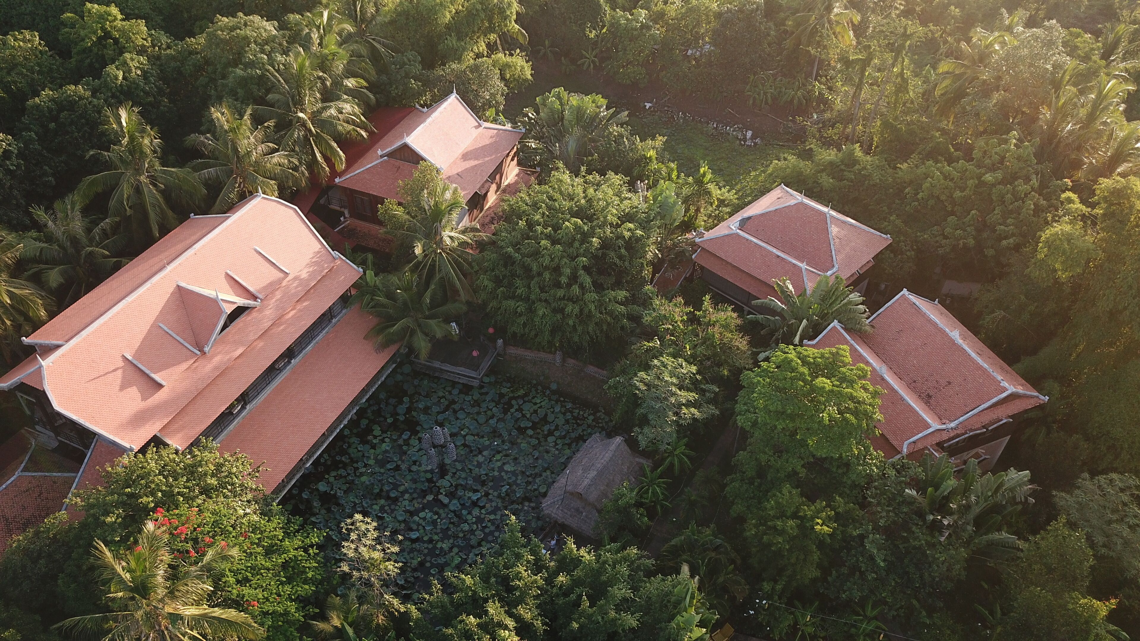 Vue aérienne d’un complexe hôtelier composé de plusieurs bâtiments, entouré d’une végétation tropicale luxuriante.