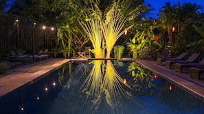 Outdoor pool, a natural pool, pool umbrellas, sun loungers