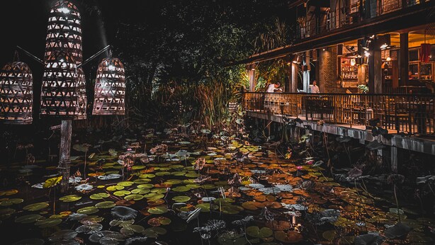 Vista nocturna de un edificio con un área exterior cubierta, que incluye un estanque con lirios y faroles decorativos.