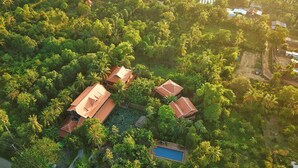 Vista aérea de una zona residencial con varias casas rodeadas de abundante vegetación.
