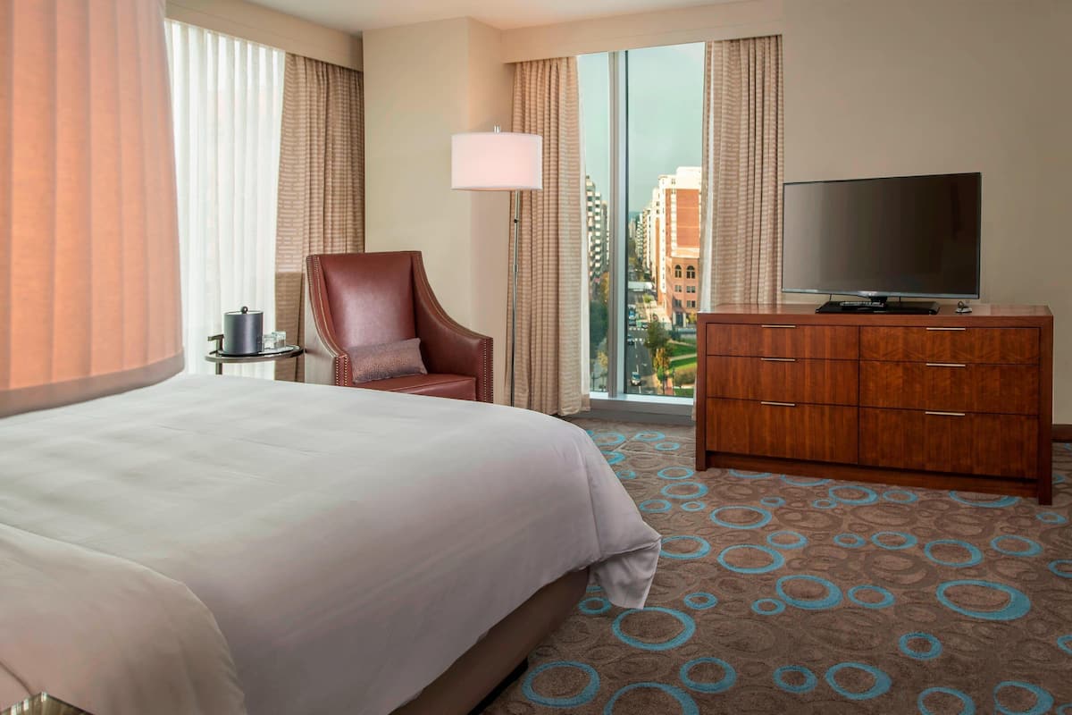 A hotel room with a large bed, a wooden dresser, a television, and a view of buildings through the window.