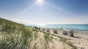 Une plage avec des dunes de sable et des cabanes de plage.