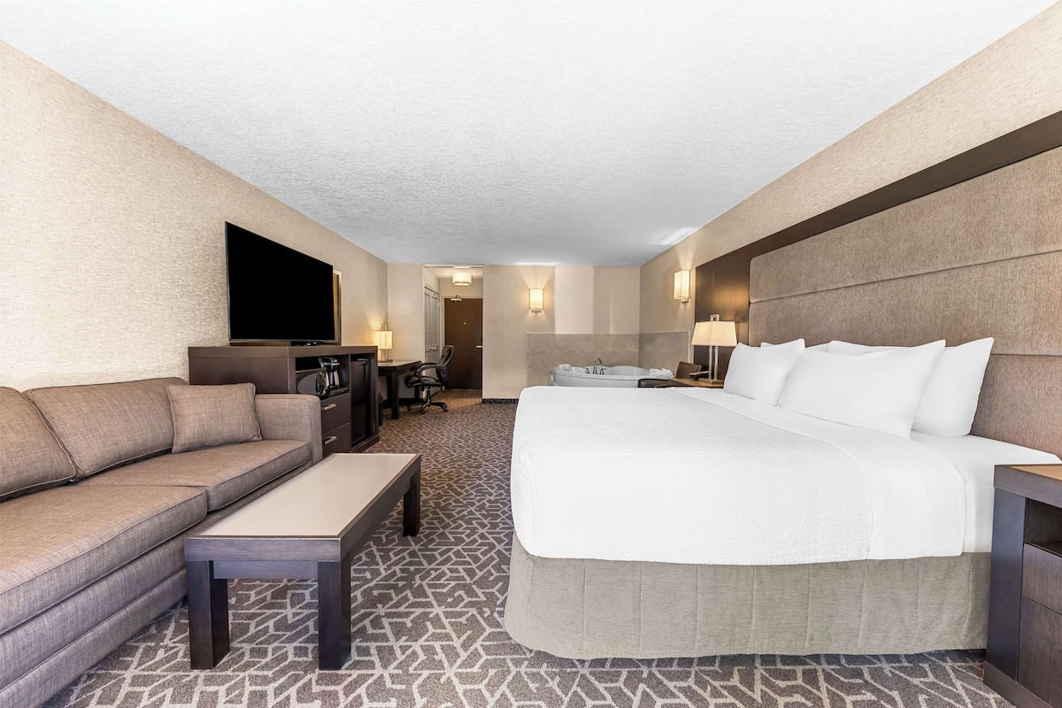 A hotel room with a bed, a sofa, a desk, a television, and a bathroom.
