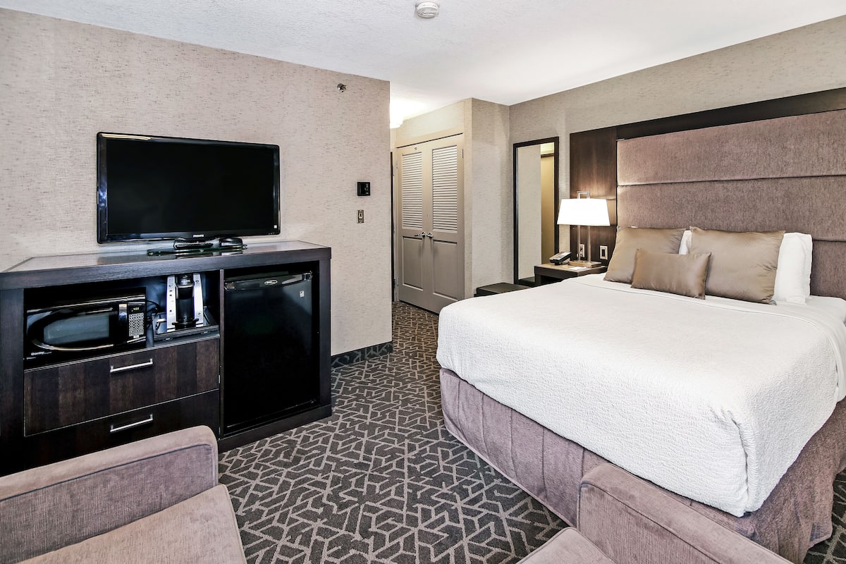 A hotel room with a bed, a TV, a desk with a lamp, and a minibar.