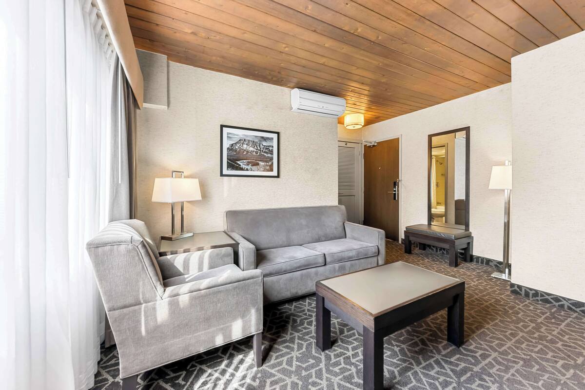 A modern hotel room with a grey sofa, armchair, and a small table. There is a framed picture on the wall, a lamp, and an air conditioning unit.