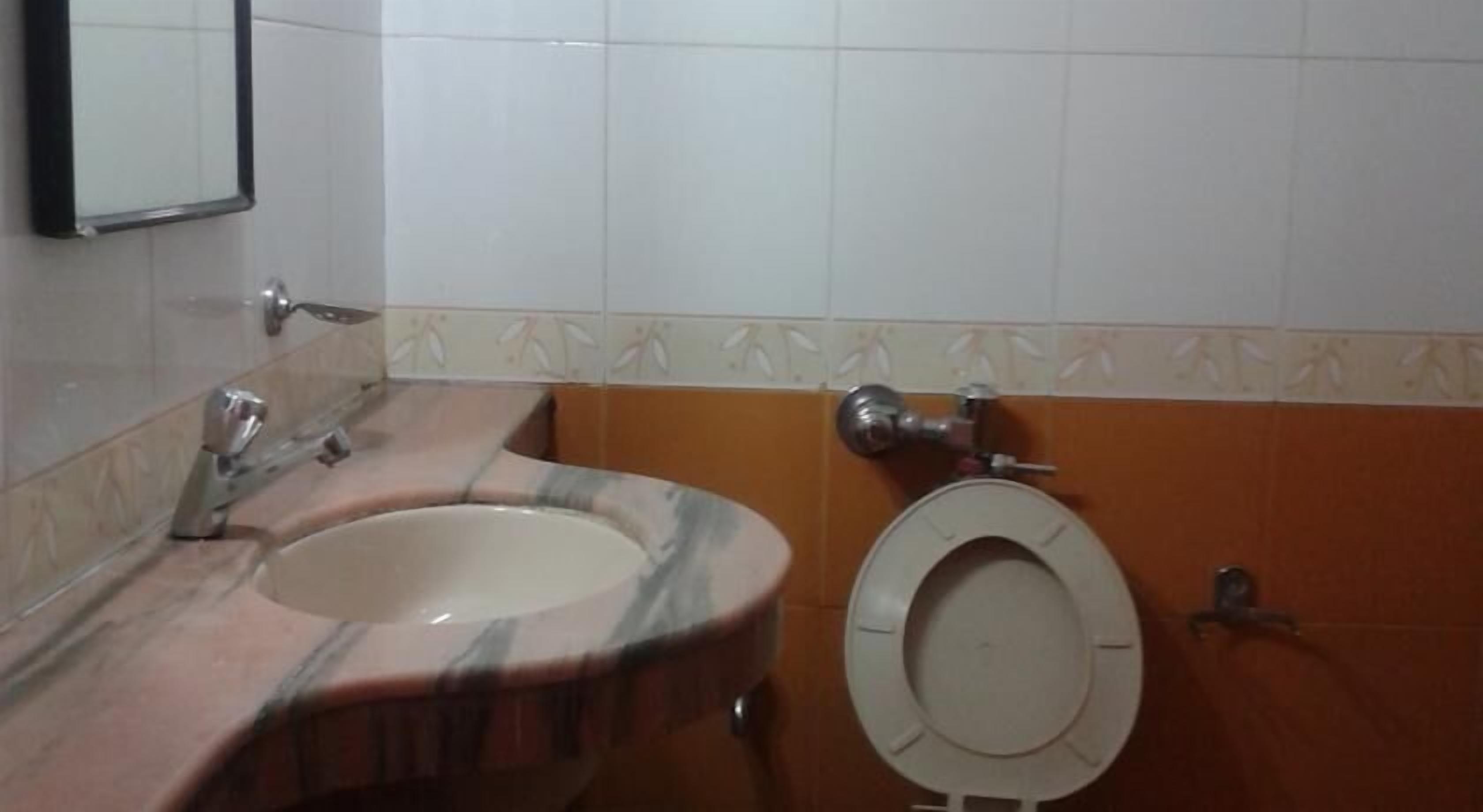 A bathroom with a marble sink, a toilet, and a mirror.