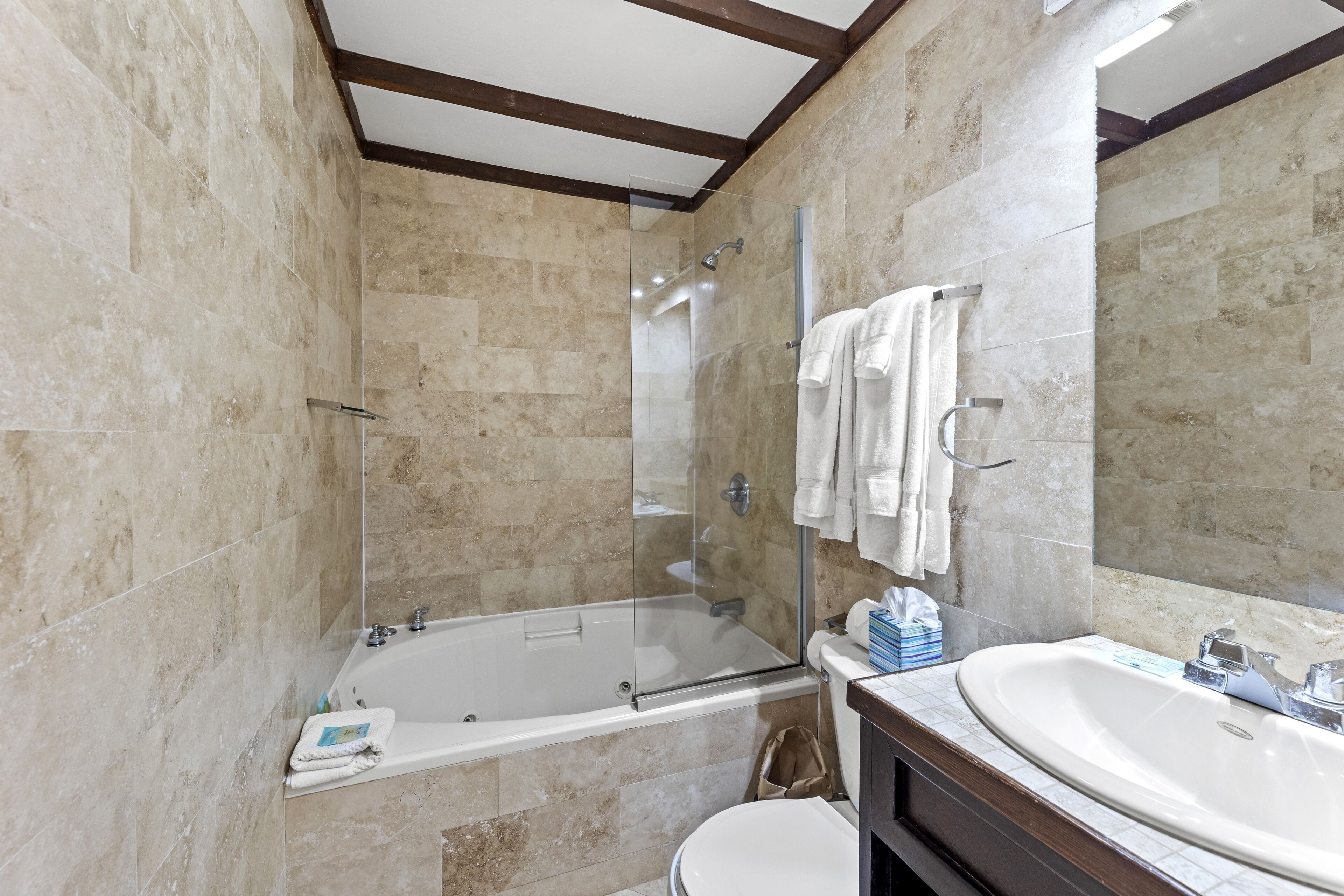 A modern bathroom with a glass-enclosed shower, a large sink, and a mirror.