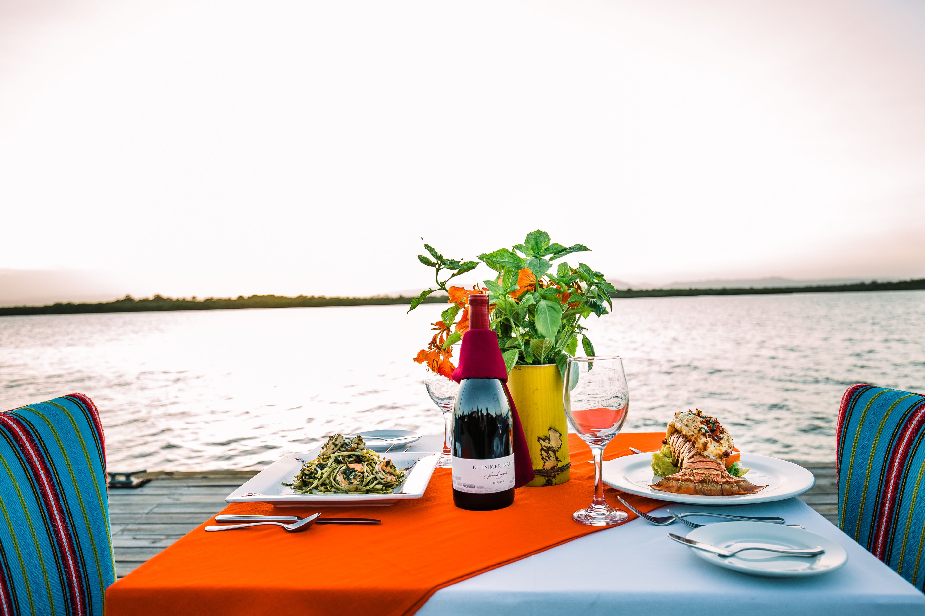 A table set for two with plates of food, a bottle of wine, and a vase of flowers, overlooking a body of water.