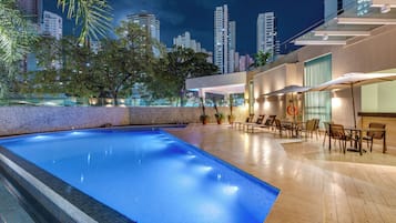 Outdoor pool, pool umbrellas, pool loungers