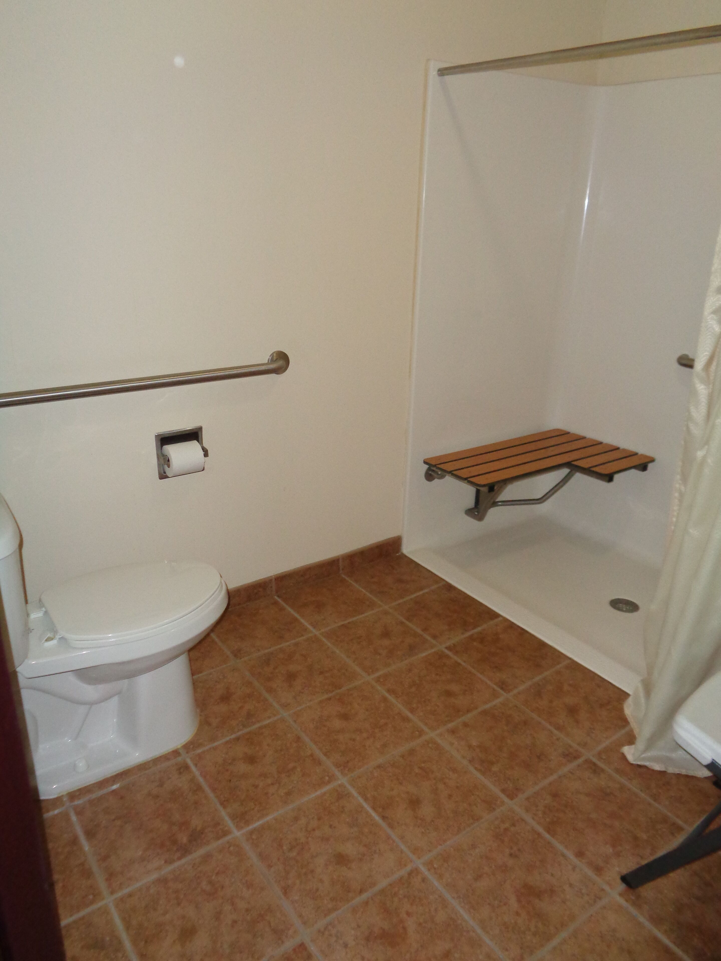 Un baño con inodoro, ducha con banco y barra de apoyo.