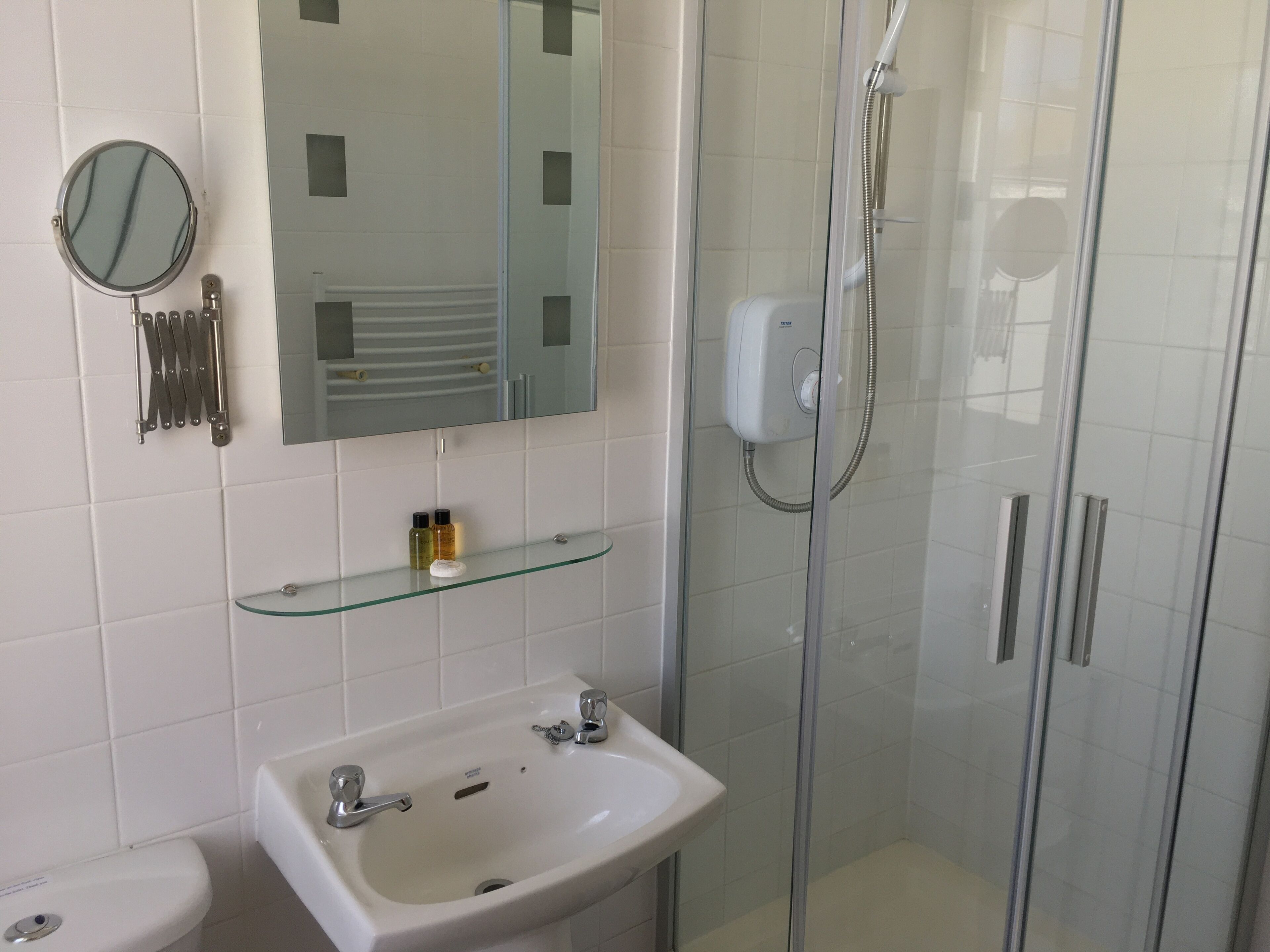 combined shower/bathtub, free toiletries, hair dryer, towels