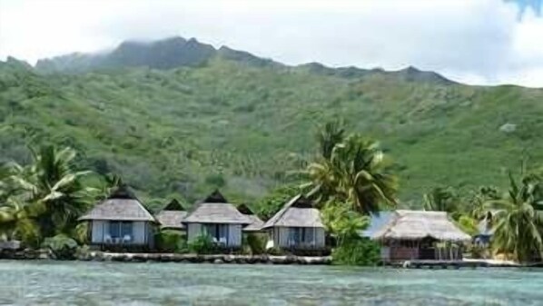 Overwater bungalows with thatched roofs, surrounded by palm trees and clear water, set against a backdrop of lush green hills. - Pension Motu Iti (Moorea-Maiao)