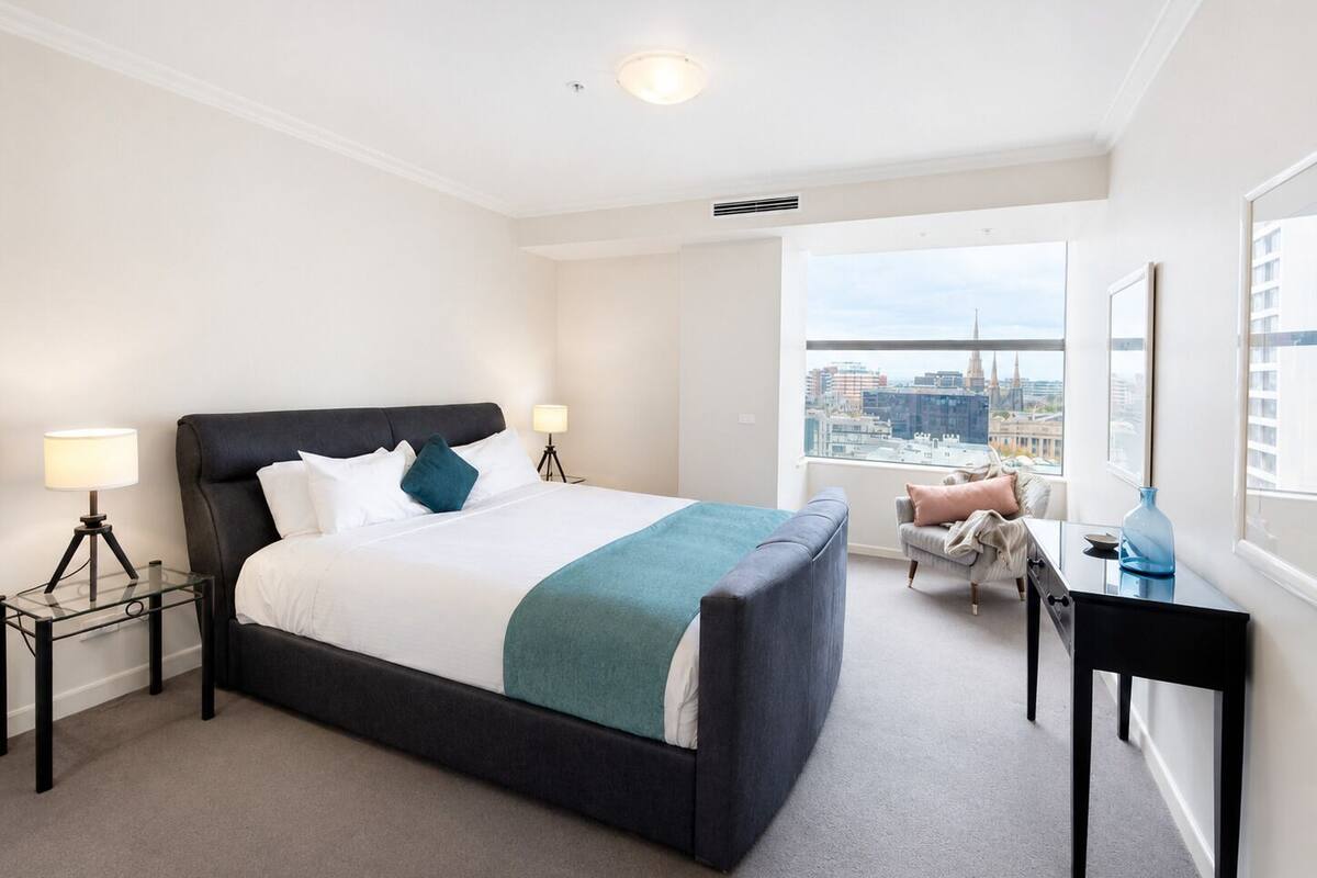City Penthouse | Desk, blackout curtains, soundproofing, iron/ironing board