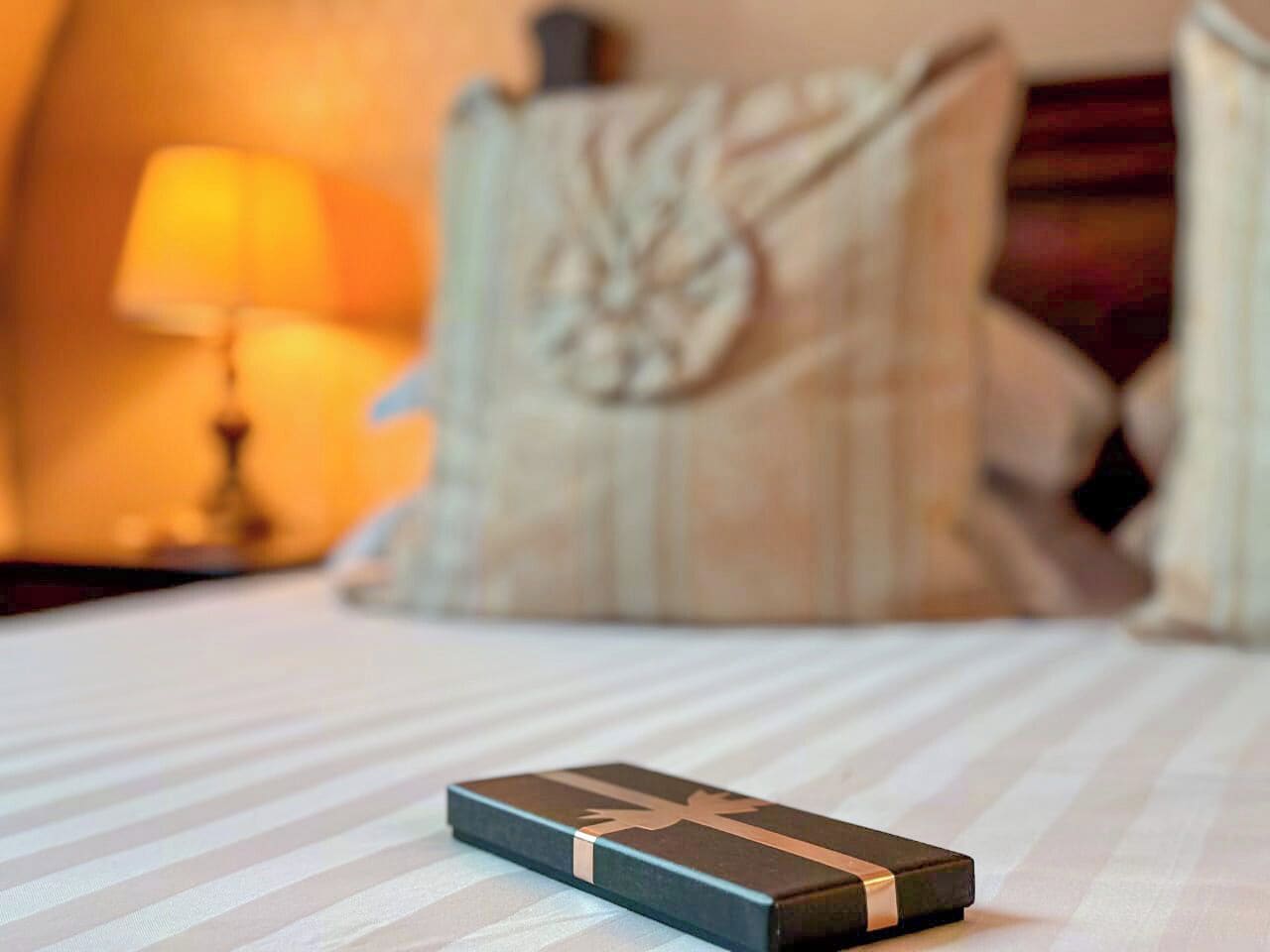 A neatly made bed with a striped bedspread, a pillow with a leaf design, and a bedside lamp.